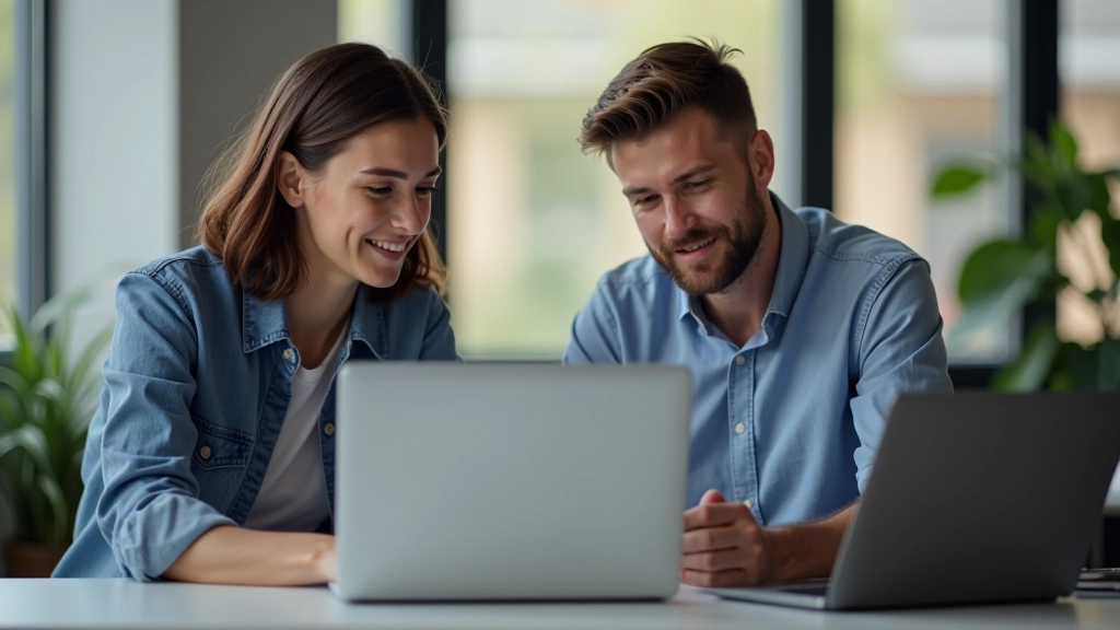 Designers en developers aan tafel, kijkend naar scherm met designcomponenten