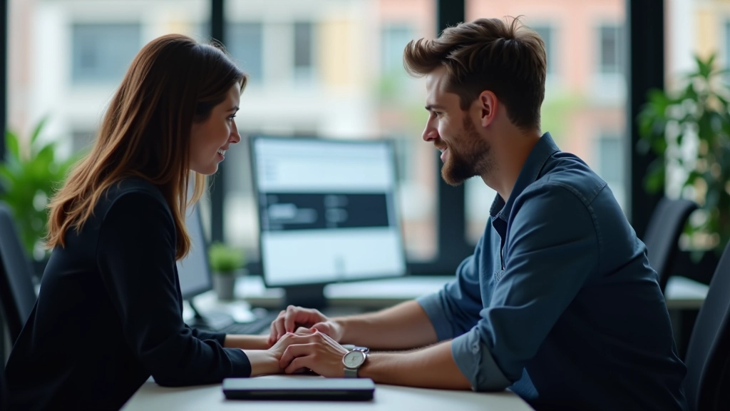 Designer en developer in overleg over design specifications op een bureau met monitors