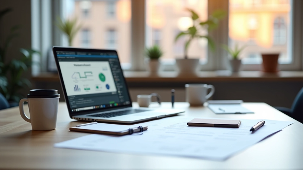 Tafel met laptop, notitieboekjes, koffiekopje en ontwerp documenten, professioneel werkruimte, warm licht