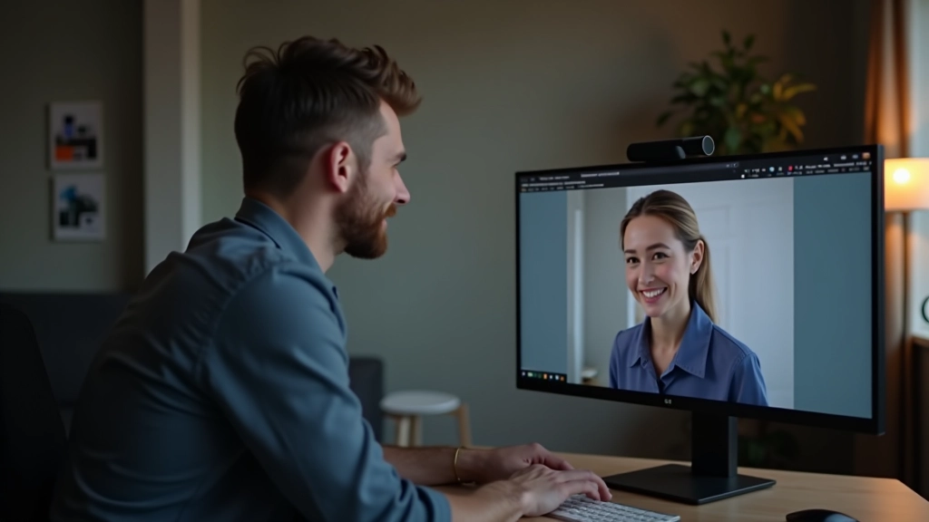 Man en vrouw in videocall op monitor scherm, huiskantoor achtergrond, kantoor inrichting