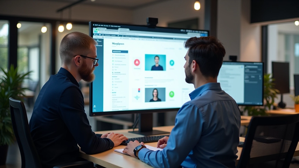 Designer en developer collaboreren aan design system op groot scherm met annotaties