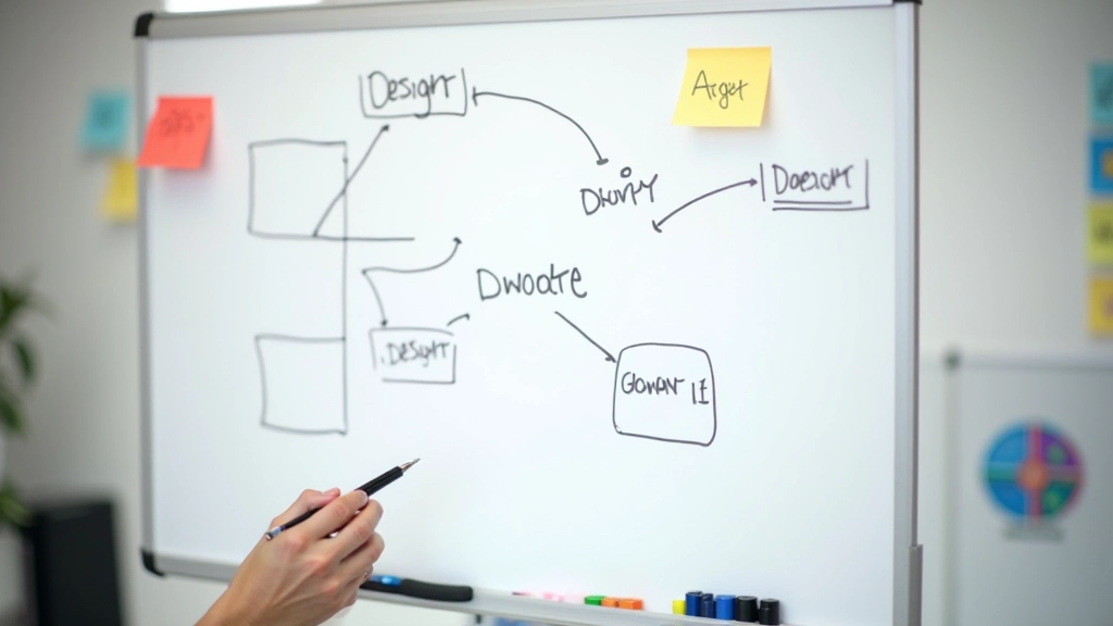 Whiteboard met design handoff workflow diagram en sticky notes met taken