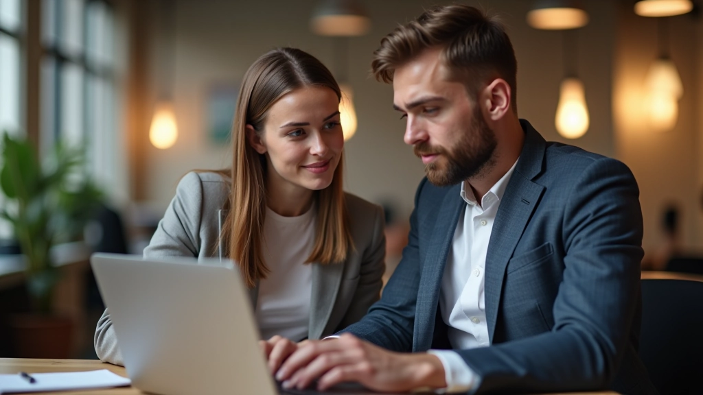 Twee professionals kijken naar laptop scherm met design mockups, kantoor achtergrond, daglicht