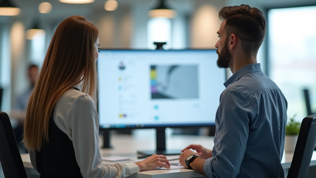 Designer en developer in een review meeting, kijkend naar een interactieve design specification op een groot scherm